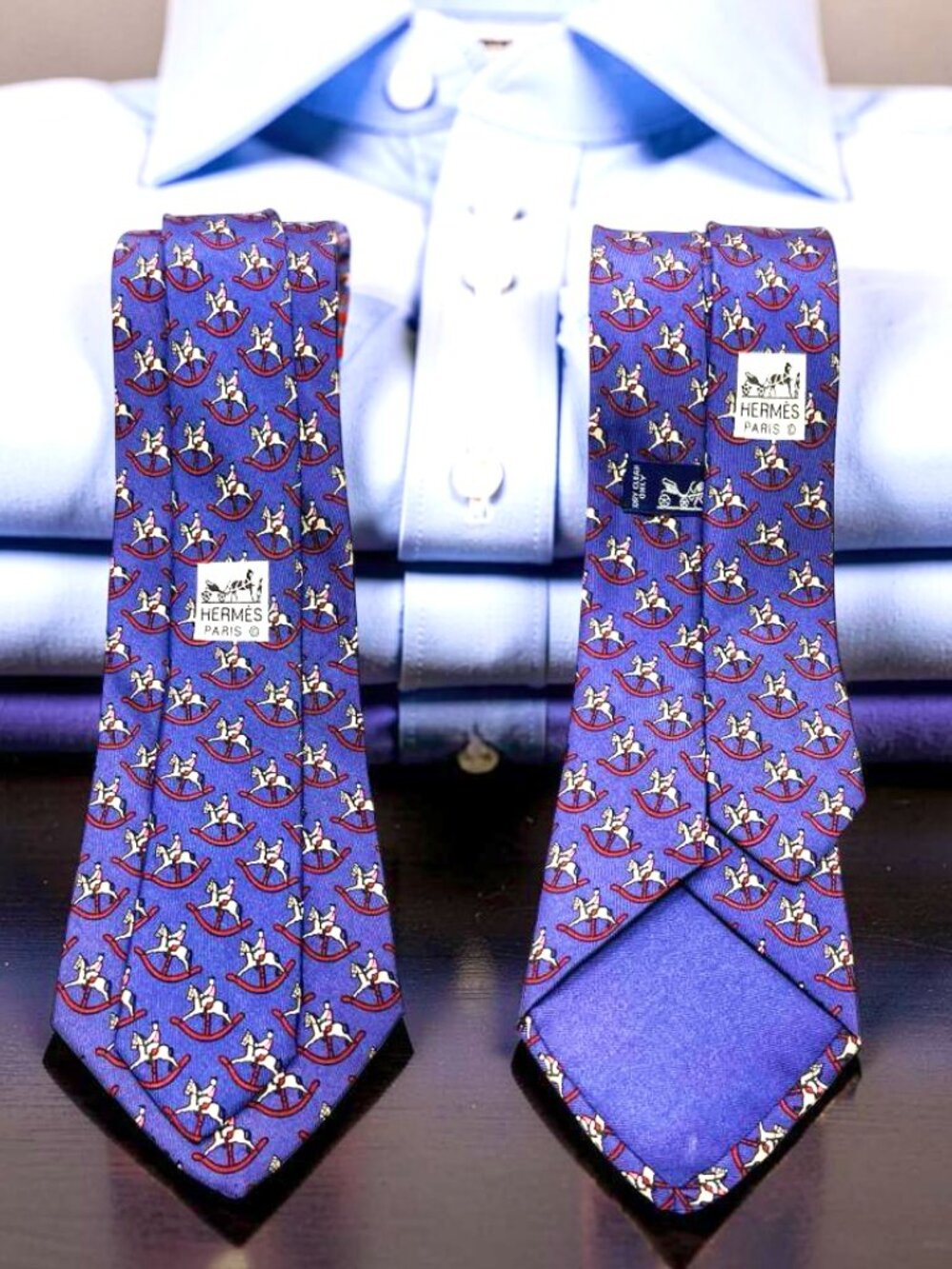 Classic HERMES Men's 100% Silk Necktie FRANCE Luxury Blue Lavender Polo Horse(56